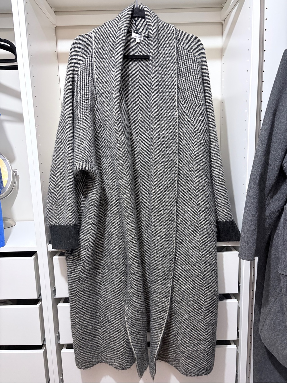 Chunky + Long Black & White Herringbone Open Cardigan - 2X